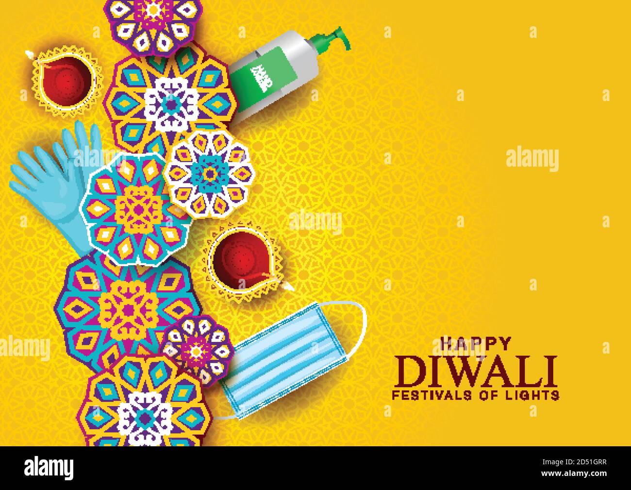 Bonne célébration de Diwali. Vue de dessus de la bannière décorée de lampes à huile illuminées sur fond jaune à motifs. Illustration vectorielle Illustration de Vecteur