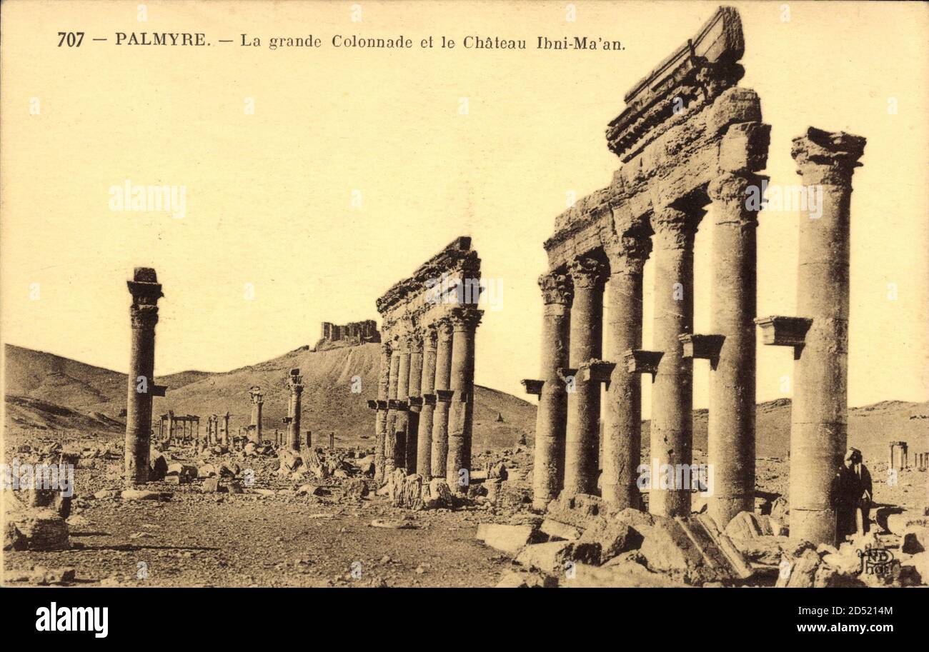 Palmyre syrien, vue de la Grande Colonnade et du Château Ibni Ma'an | utilisation dans le monde entier Banque D'Images