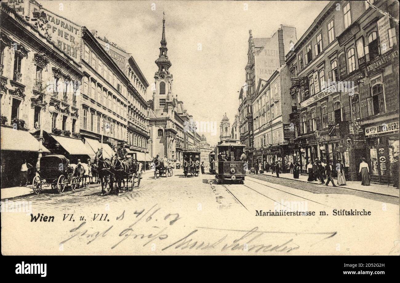 Wien 6., Mariahilferstraße mit Stiftskirche und Straßenbahn 291 | utilisation dans le monde entier Banque D'Images