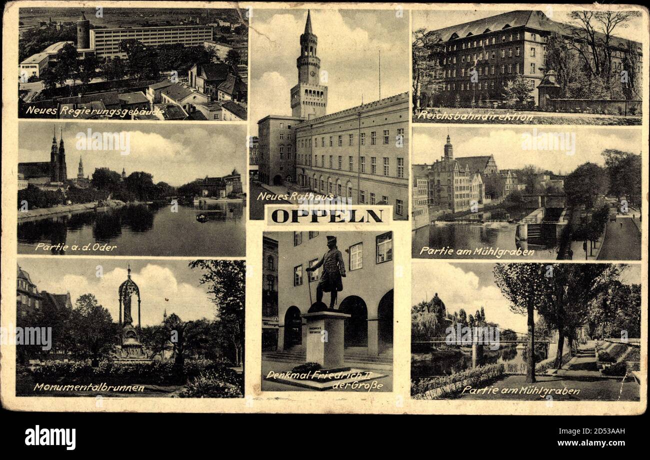 Opole Oppeln Schlesien, Rathaus, Reichsbahndirektion, Mühlgraben, Oder | utilisation dans le monde entier Banque D'Images
