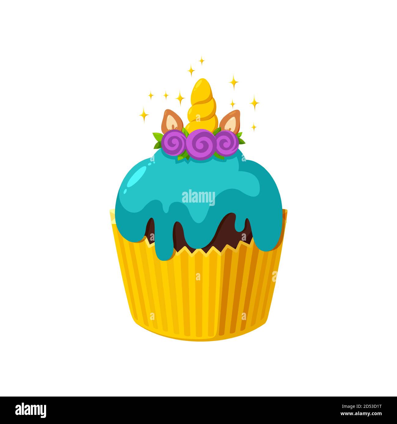 Cupcake UNICORN au glaçage brillant. Gâteau fée dans une tasse en papier. Dessert savoureux avec corne. Illustration vectorielle dans un joli style de dessin animé Illustration de Vecteur