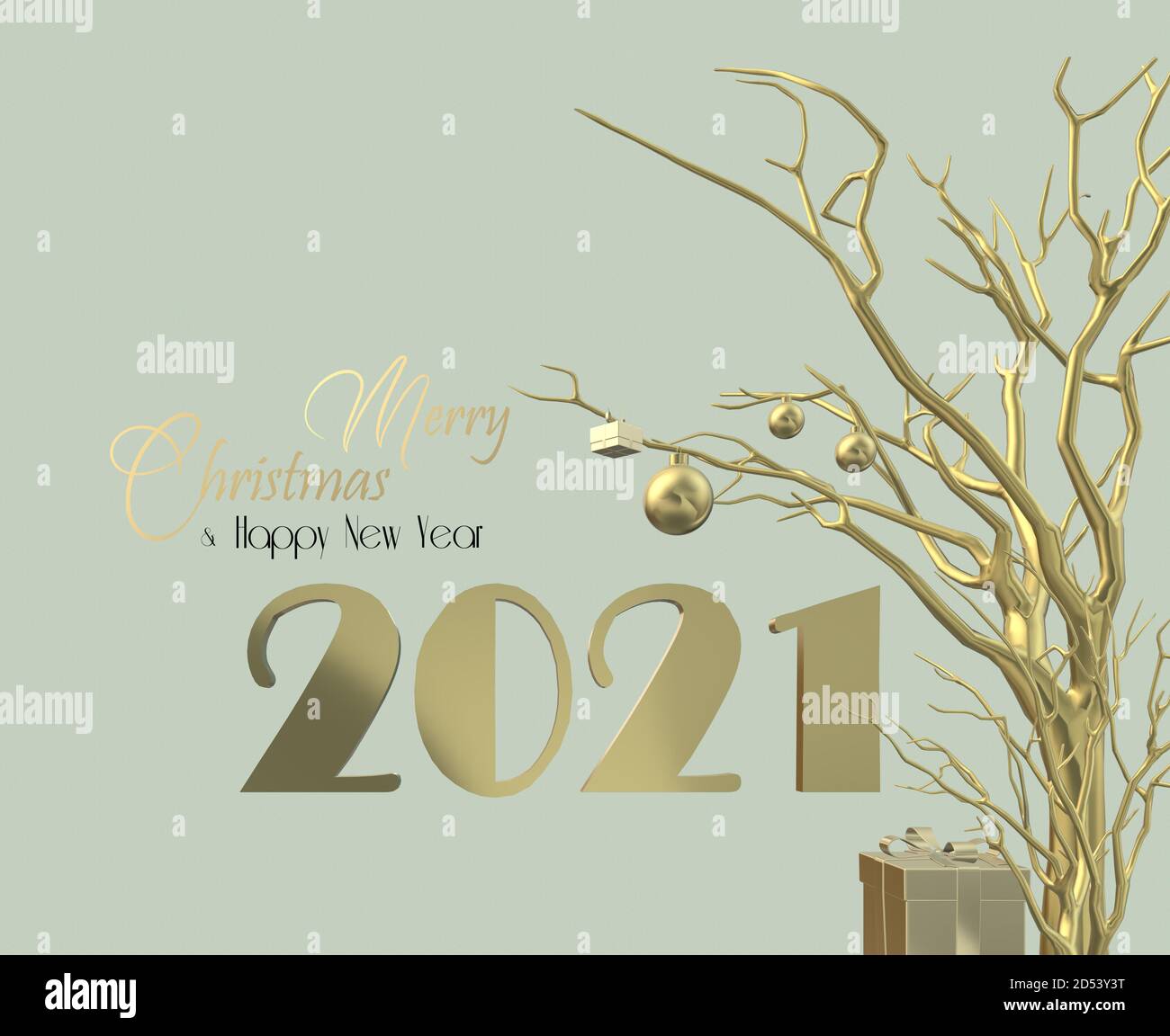 Bonne année 2021 design. Arrangement d'or de chiffre 2021, décoration de Noël accrochée à l'arbre d'or sur fond de pistache geen pastel. Texte Joyeux Noël bonne année, illustration 3D Banque D'Images