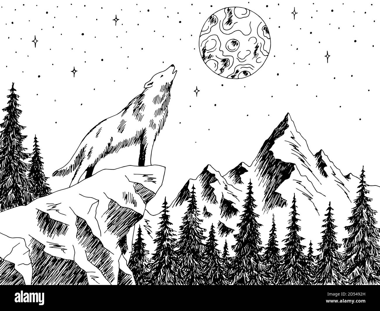 Loup hurlant à la lune montagnes forêt graphique noir blanc vecteur d'illustration d'esquisse paysage Illustration de Vecteur