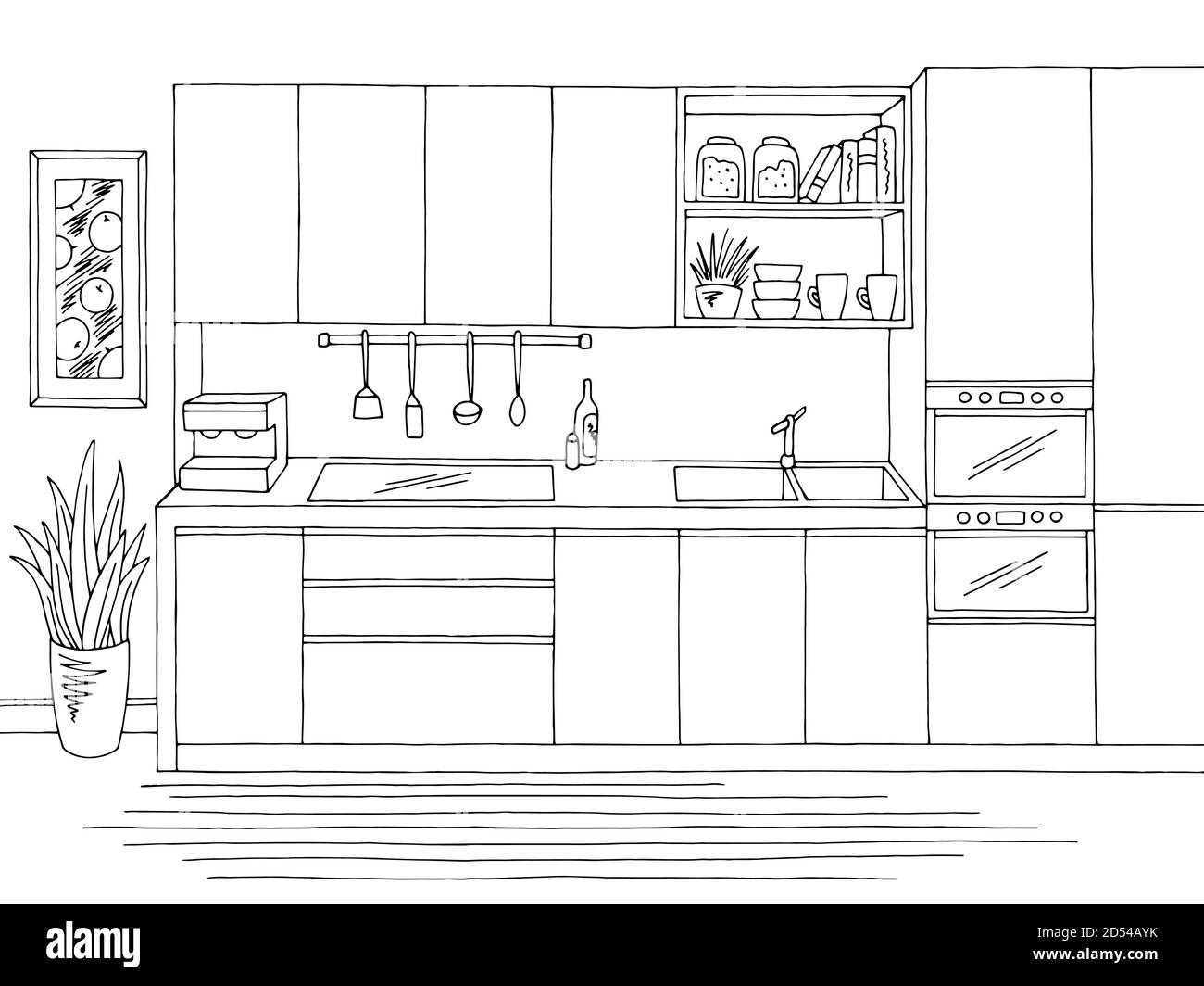 Cuisine pièce graphique noir blanc intérieur dessin illustration vecteur Illustration de Vecteur