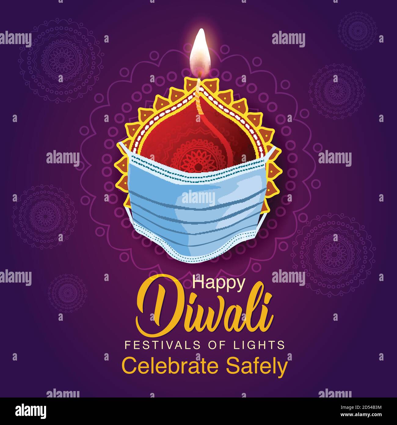 Bonne célébration de Diwali. Vue de dessus de la bannière décorée de lampes à huile illuminées sur fond jaune foncé à motifs. Vector illust Illustration de Vecteur