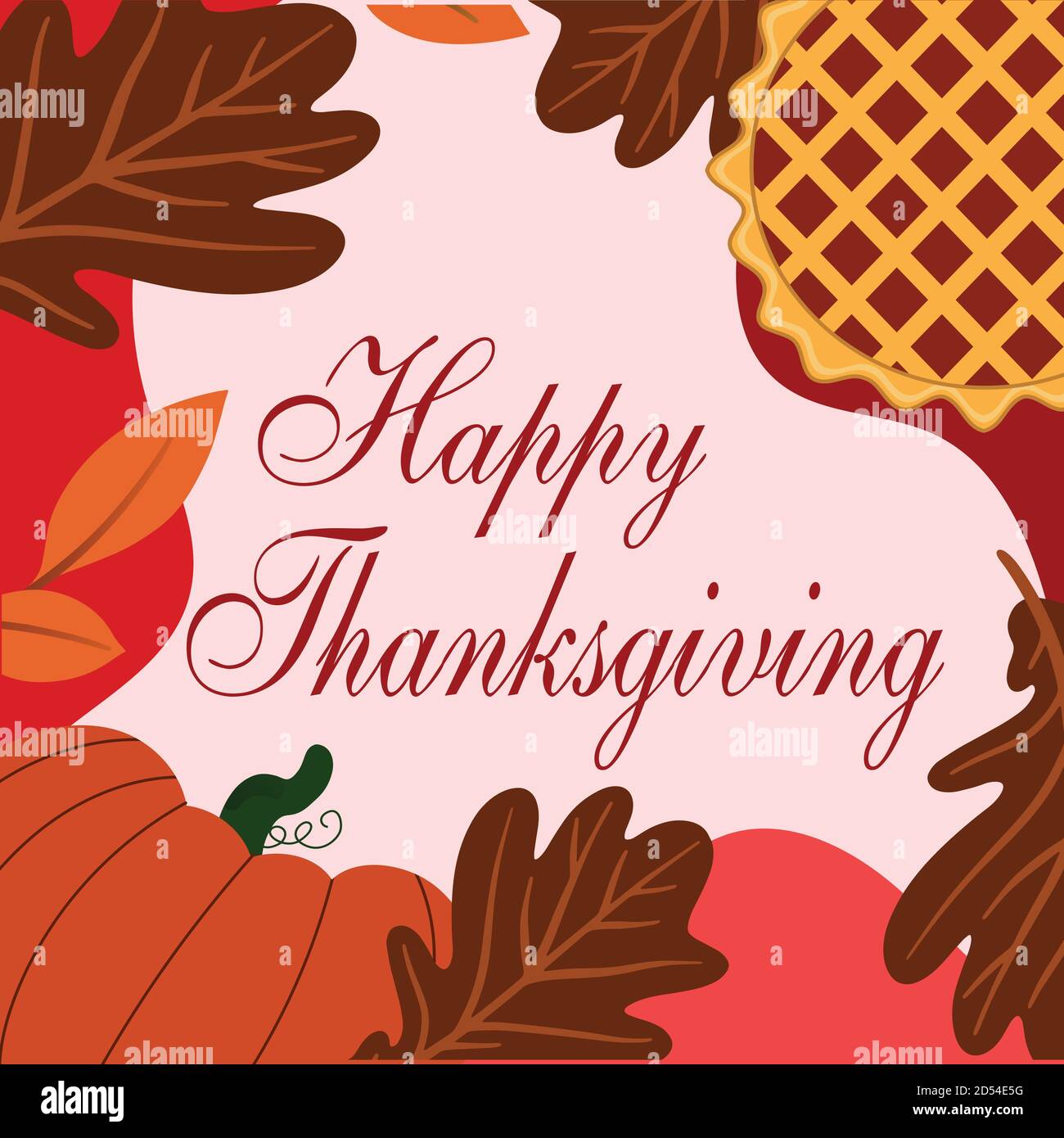 Postez Instagram avec Happy Thanksgiving. Modèle vectoriel avec tarte aux pommes et gourde avec feuilles de chêne Illustration de Vecteur