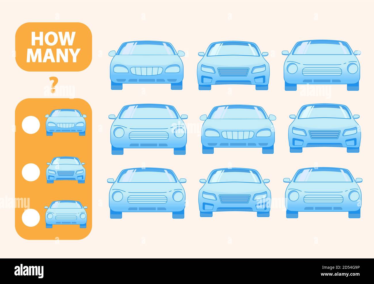 Comptez combien de voitures jouets est un jeu éducatif. Développement de tâches mathématiques de la pensée logique des enfants. Illustration de Vecteur