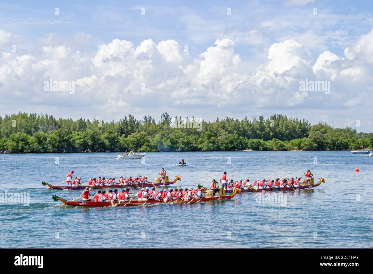 Miami Beach Florida, Haulover Park Hong Kong Dragon Boat Festival, course asiatique Biscayne Bay, équipe coéquipiers pagayer, Banque D'Images
