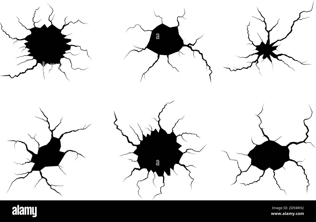 Jeu de fissures de masse. Tremblement de terre et fissures de terre, effet de trou, craquelure et texture de mur endommagée. Les illustrations vectorielles peuvent être utilisées pour les sujets tremblement de terre, accident, destruction Illustration de Vecteur