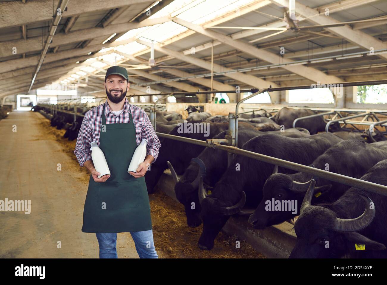 Joyeux jeune fermier debout dans la grange, tenant des bouteilles de lait de vache naturel et regardant la caméra Banque D'Images