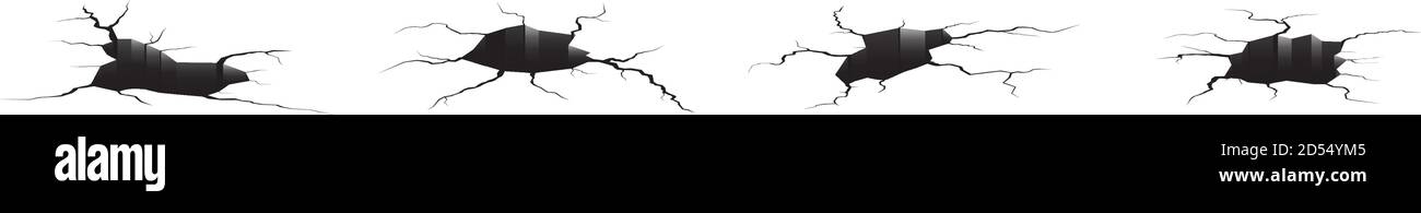 Jeu de fissures de masse. Tremblement de terre et fissures de terre, effet de trou, craquelure et texture de mur endommagée. Les illustrations vectorielles peuvent être utilisées pour les sujets tremblement de terre, accident, destruction Illustration de Vecteur