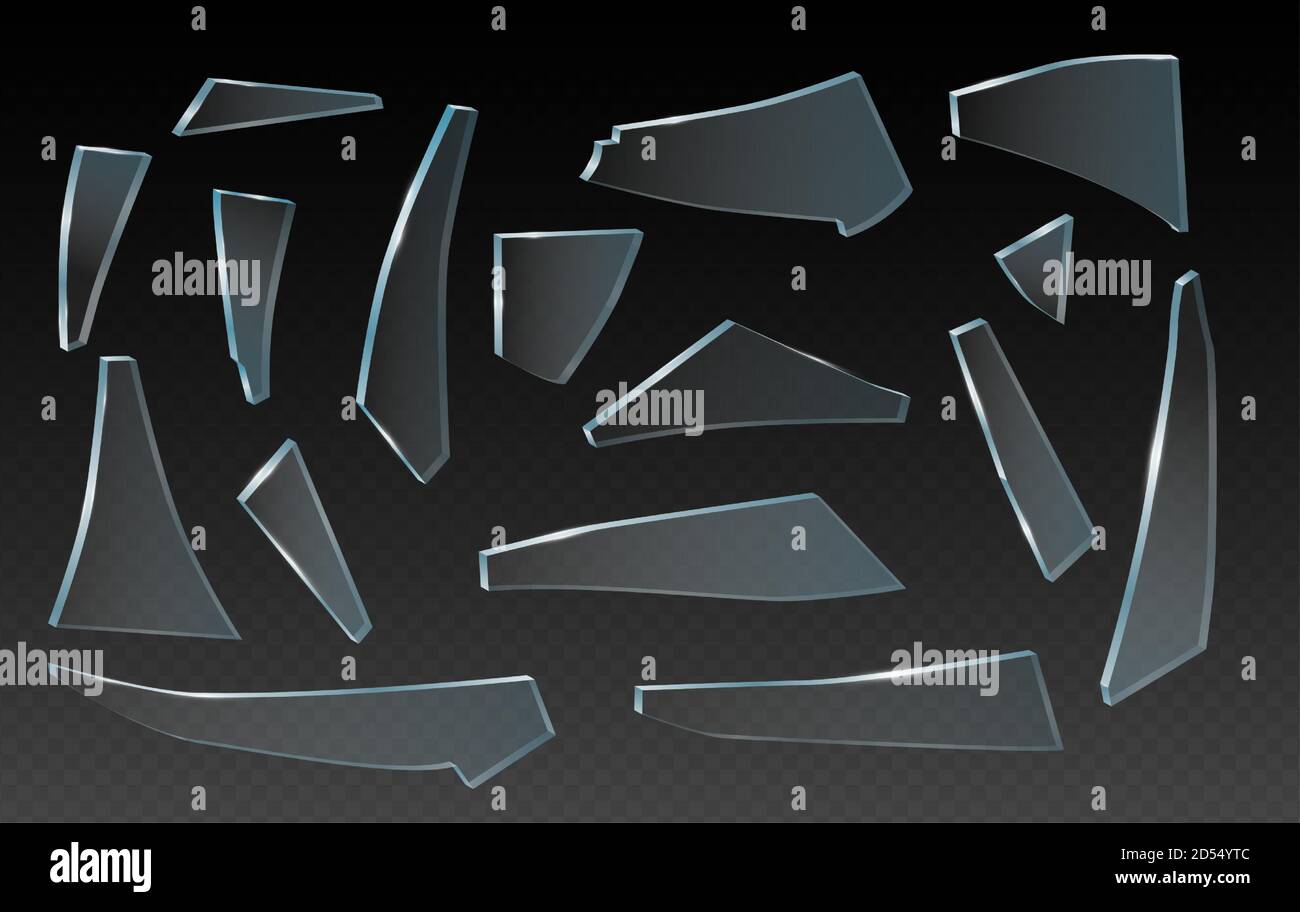 Éclats de verre brisés, éclats de verre, clip art vectoriel réaliste sur fond transparent. Pièces de formes et de spinters différentes Illustration de Vecteur