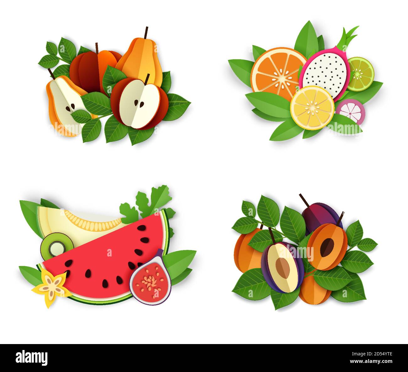 Ensemble de composition fruits et baies, illustration vectorielle isolée dans un style d'art papier. Illustration de Vecteur