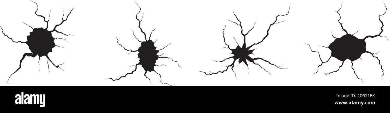 Jeu de fissures de masse. Tremblement de terre et fissures de terre, effet de trou, craquelure et texture de mur endommagée. Les illustrations vectorielles peuvent être utilisées pour les sujets tremblement de terre, accident, destruction Illustration de Vecteur