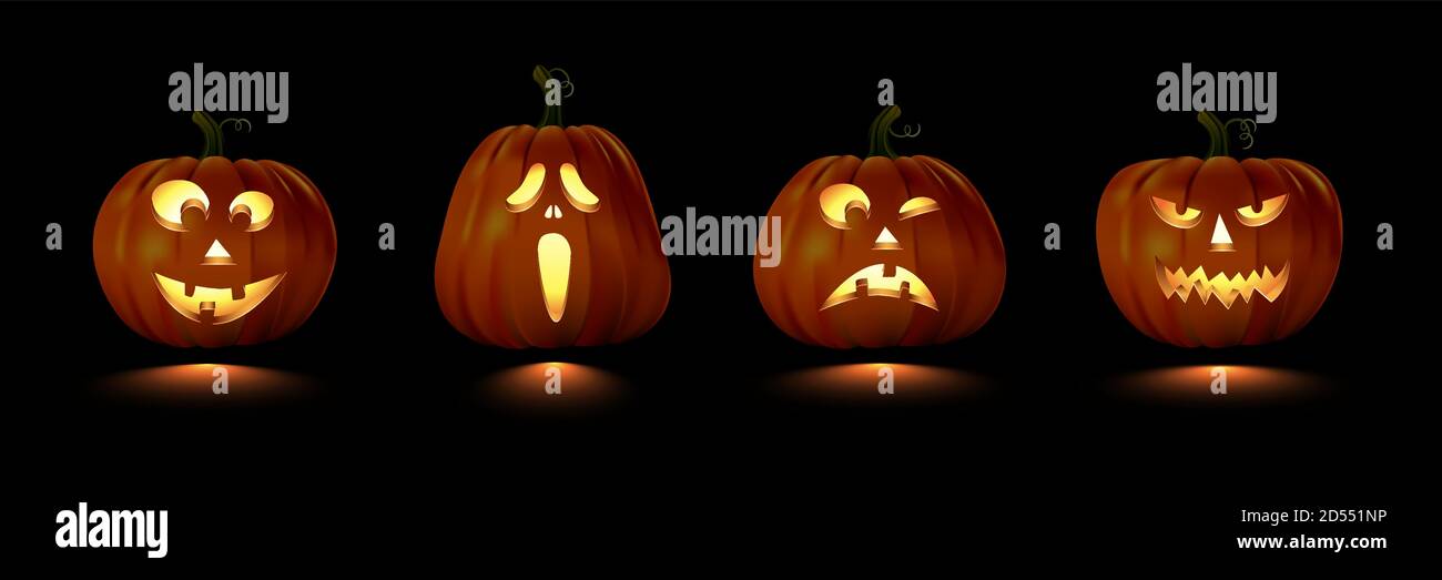 Ensemble de potiron sombre sculpté pour Halloween. Isolé souriant, mignon, drôle, heureux, effrayant, créepy visages. Illustration vectorielle de décoration d'octobre Illustration de Vecteur