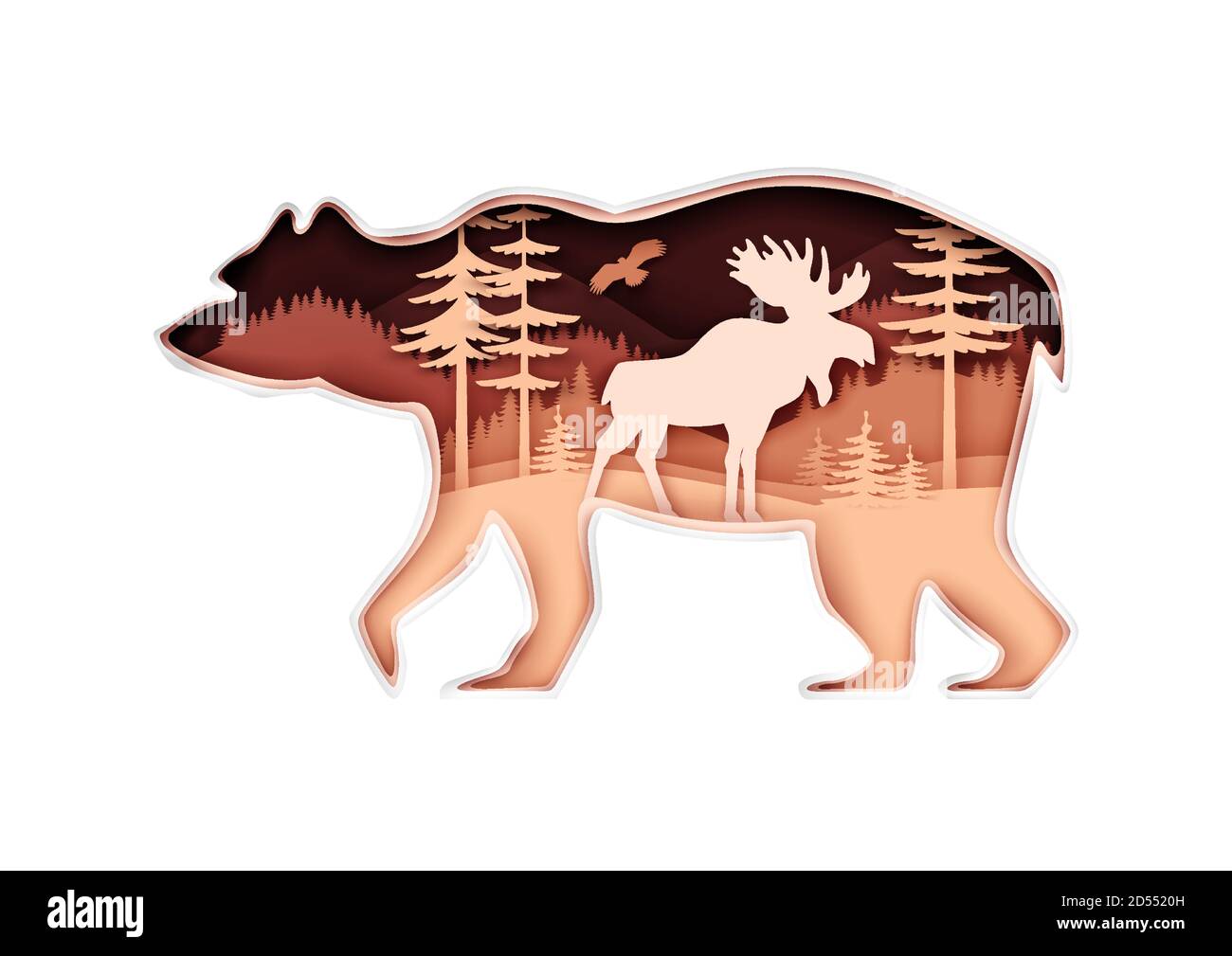 Silhouette d'ours avec forêt, oiseau volant, élan, illustration vectorielle dans le style de l'art papier. Sauver les animaux. Exposition multiple. Illustration de Vecteur