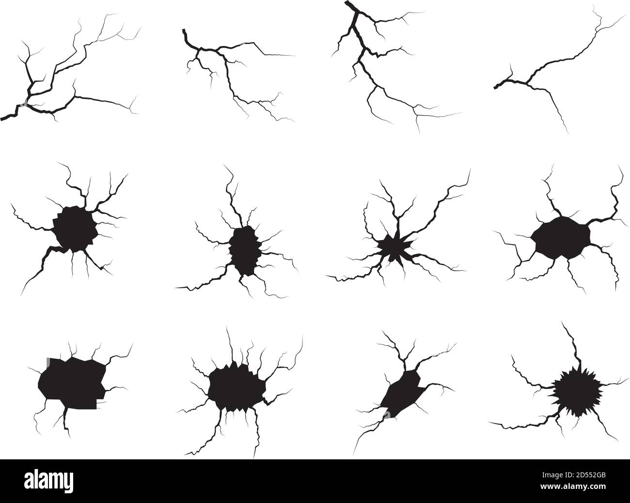 Jeu de fissures de masse. Tremblement de terre et fissures de terre, effet de trou, craquelure et texture de mur endommagée. Les illustrations vectorielles peuvent être utilisées pour les sujets tremblement de terre, accident, destruction Illustration de Vecteur