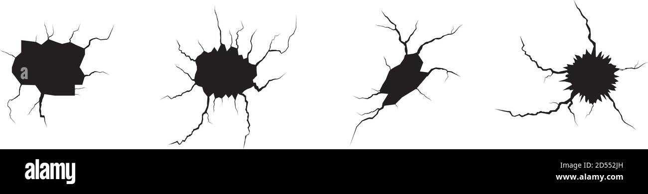 Jeu de fissures de masse. Tremblement de terre et fissures de terre, effet de trou, craquelure et texture de mur endommagée. Les illustrations vectorielles peuvent être utilisées pour les sujets tremblement de terre, accident, destruction Illustration de Vecteur