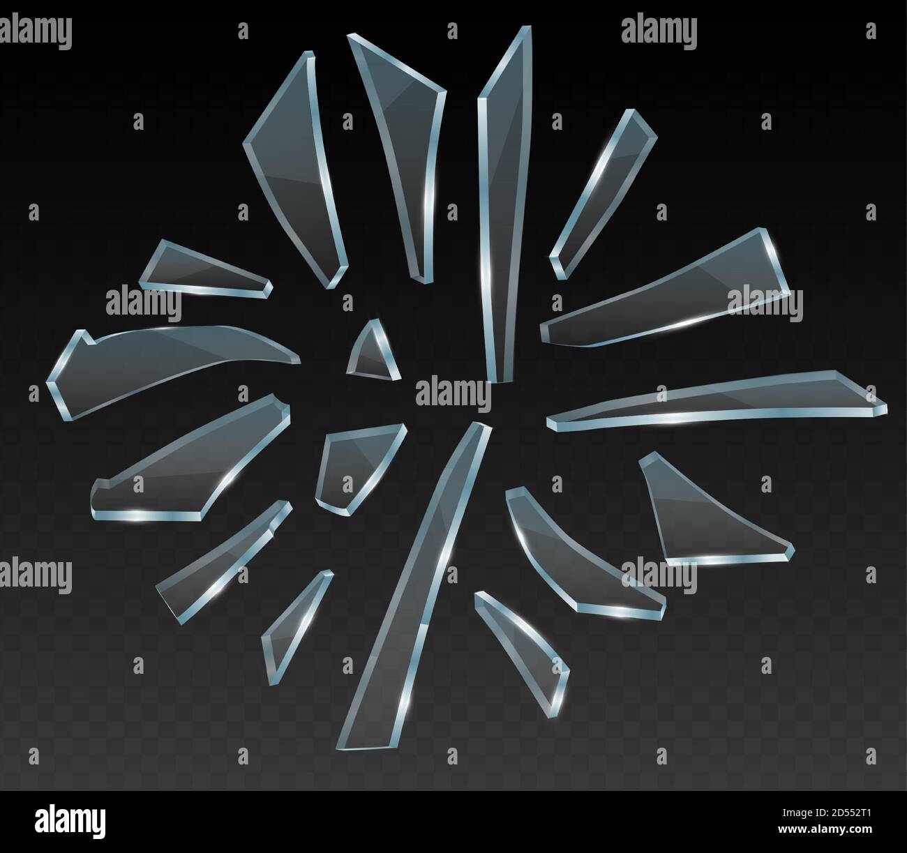 Éclats de verre brisés, éclats de verre, clip art vectoriel réaliste sur fond transparent. Pièces de formes et de spinters différentes Illustration de Vecteur