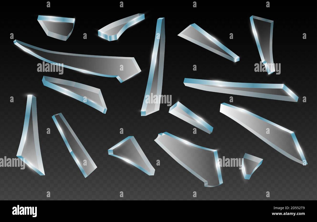 Éclats de verre brisés, éclats de verre, clip art vectoriel réaliste sur fond transparent. Pièces de formes et de spinters différentes Illustration de Vecteur