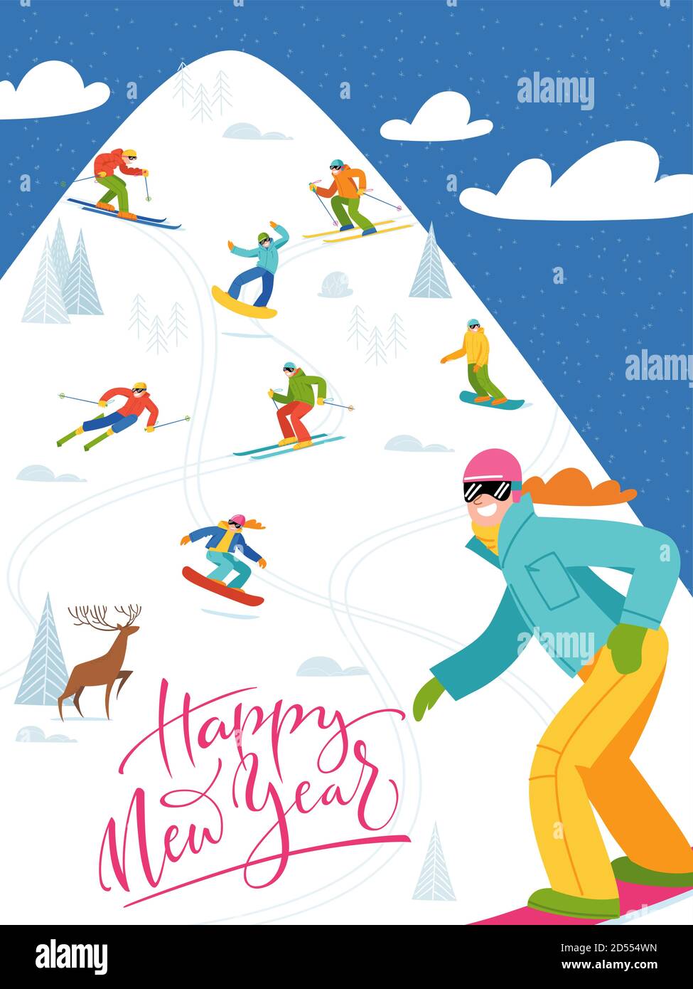 Affiche de la station de ski avec des gens qui font des sports d'hiver. Illustration de Vecteur