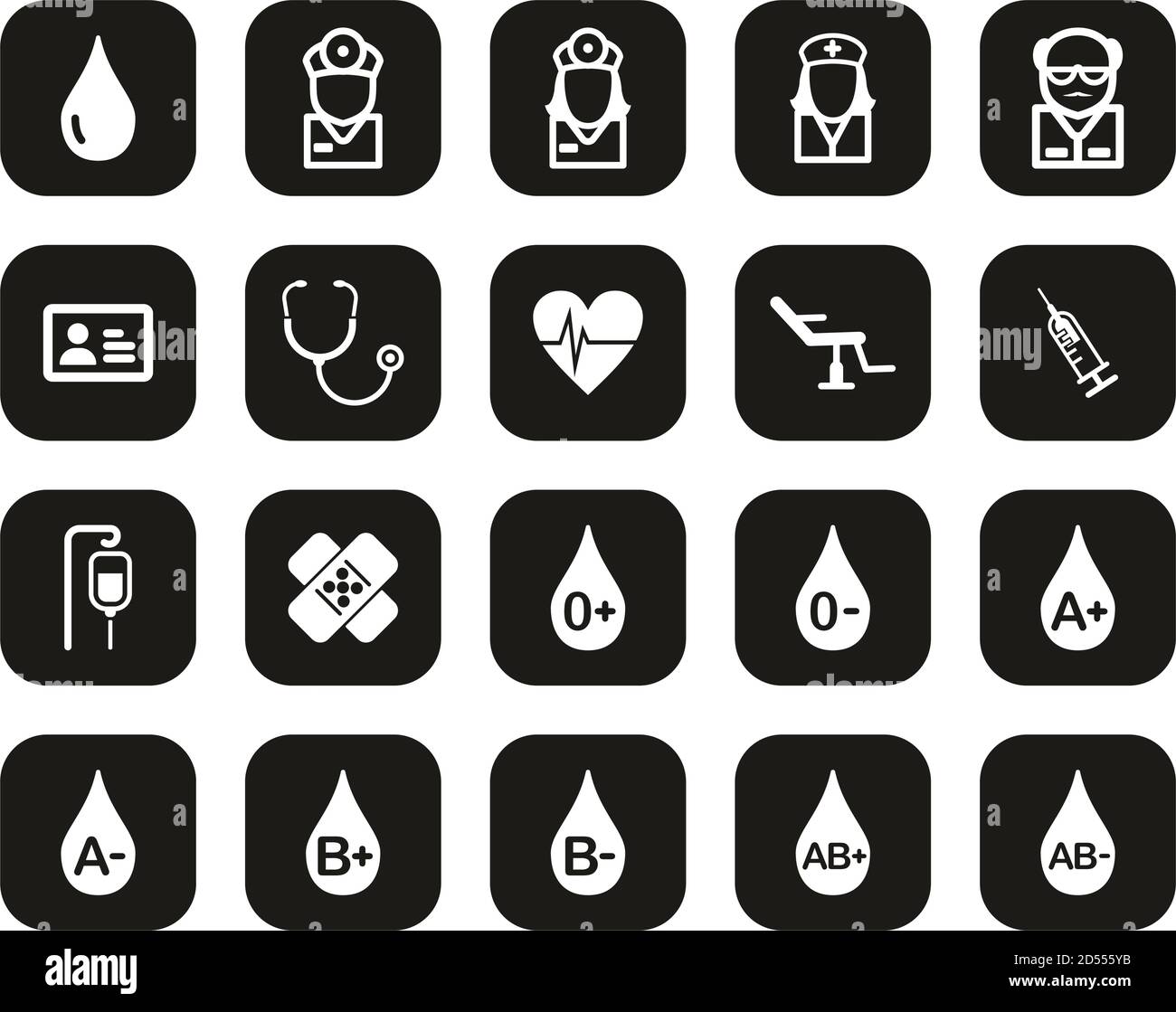 Types de sang ou icônes de don de sang blanc sur plat noir Ensemble de design grand Illustration de Vecteur