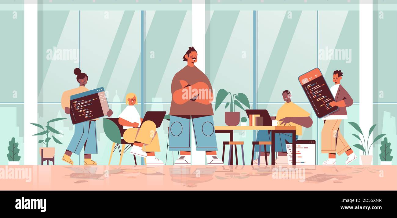 ingénieur en chef d'équipe avec les développeurs web de race mixte codant ensemble création de code de programme développement de logiciel et concept de programmation complet illustration du vecteur horizontal de longueur Illustration de Vecteur