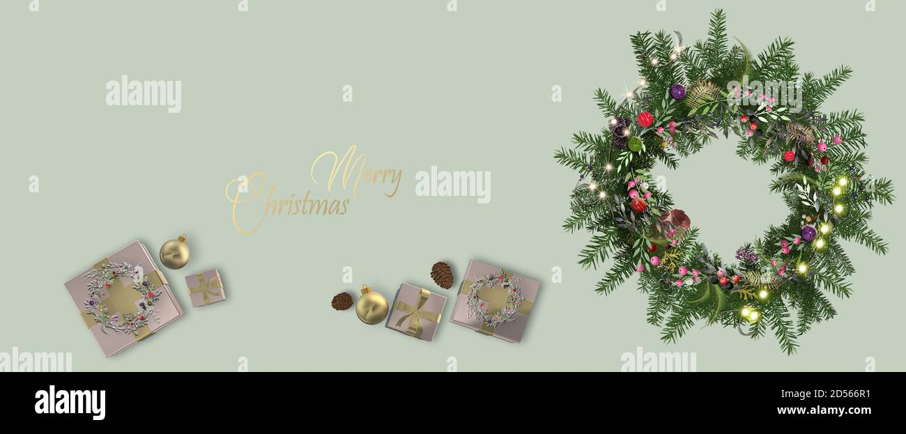 Noël, bordure avec des boîtes-cadeaux roses brillantes réalistes, couronne de Noël florale avec branches de sapin sur fond vert pastel horizontal. Texte doré Joyeux Noël, espace copie, maquette. Illustration 3D. Banque D'Images