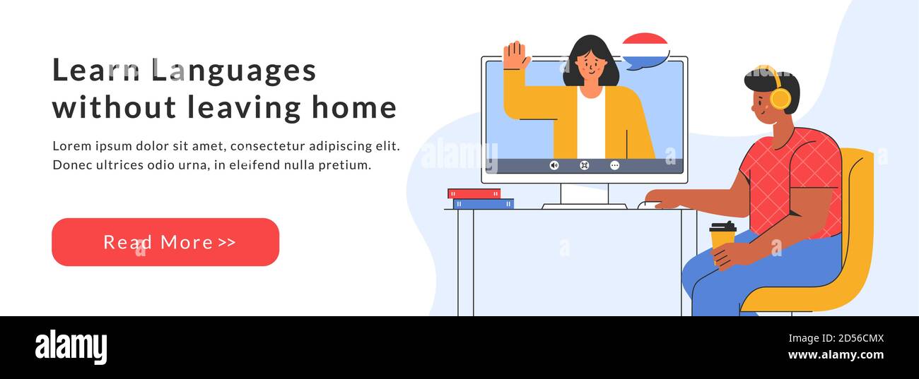 E-apprentissage d'une langue étrangère à la maison. Un homme étudie un cours de français en ligne sur le site. Enseignement à distance. Modèle vectoriel de bannière Web. Illustration de Vecteur