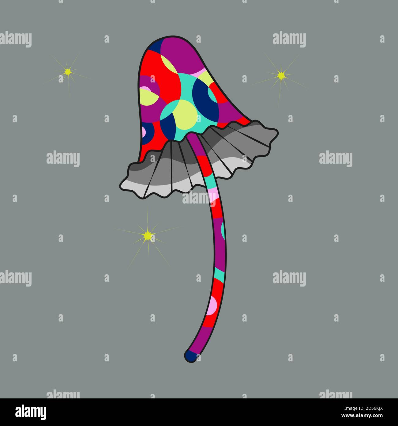 Icône en forme de champignon psilocybin, silhouette noire dans un style de dessin animé plat, illustration de couleur psychédélique dessinée à la main Illustration de Vecteur