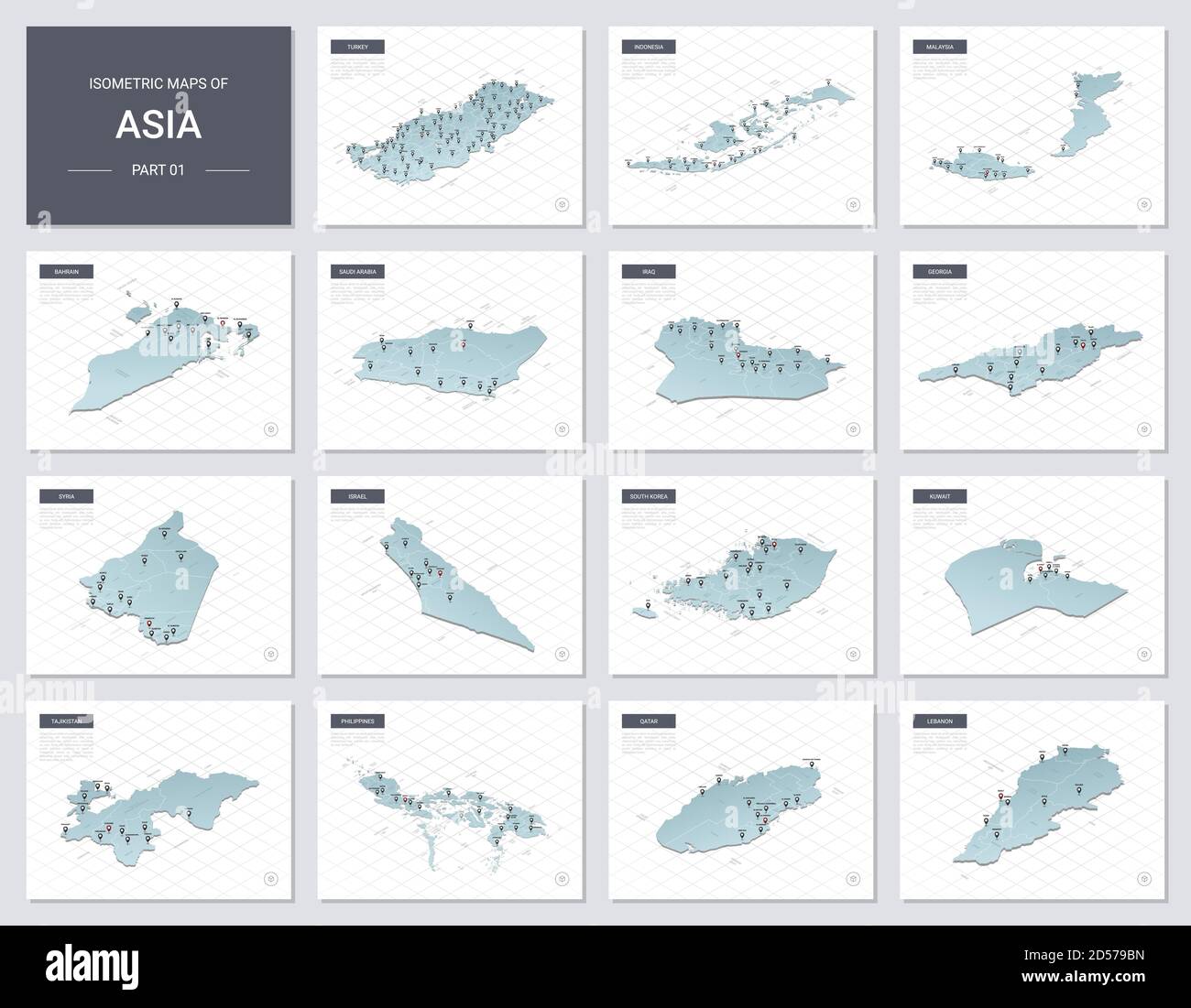 Ensemble de cartes vectorielles isométriques - continent asiatique. Cartes des pays asiatiques avec division administrative et villes. Partie 1. Illustration de Vecteur