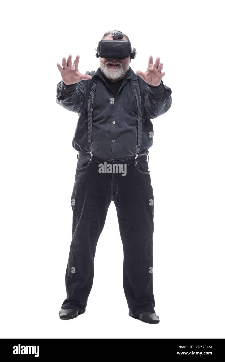 homme adulte moderne dans un casque de réalité virtuelle. isolé sur un blanc Banque D'Images