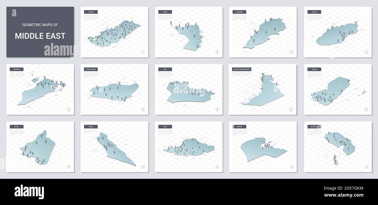 Ensemble de cartes vectorielles isométriques - région du Moyen-Orient. Cartes des pays du Moyen-Orient avec division administrative et villes. Illustration de Vecteur