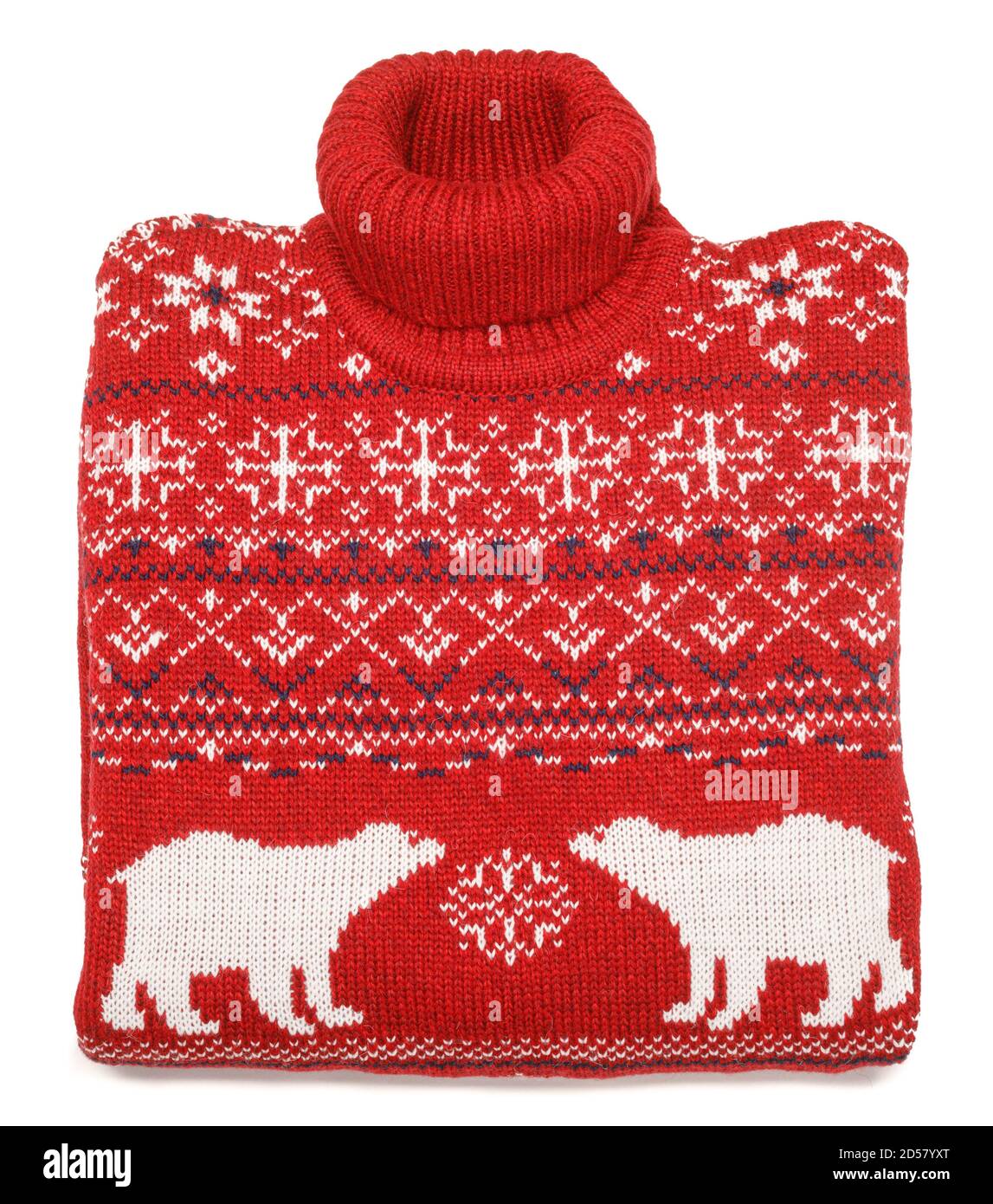 Chandail ou pull à col roulé rouge tricoté de Noël Décoration traditionnelle avec décoration géométrique blanche scandinave repliée blanc b Banque D'Images