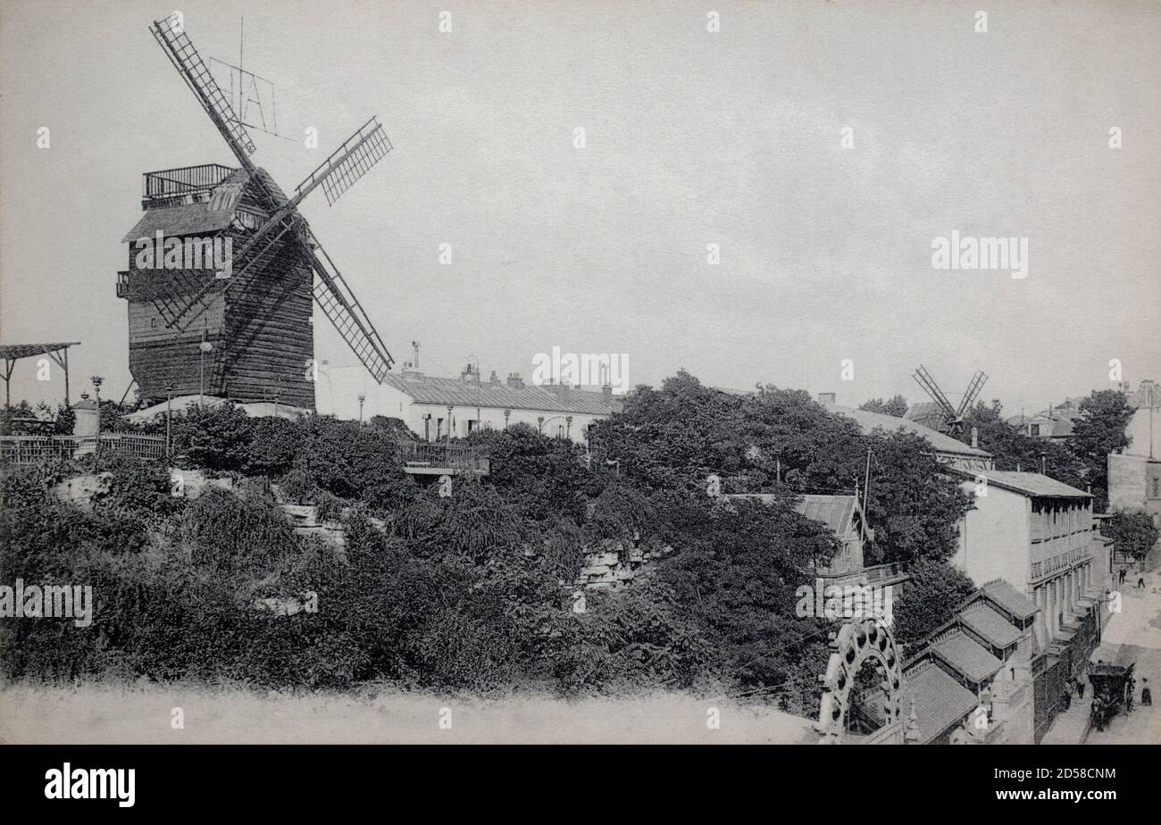 Vue historique du moulin à vent du Moulin de la Galette à Montmartre, Paris, France, tirée d'une carte postale du début des années 1900. Banque D'Images