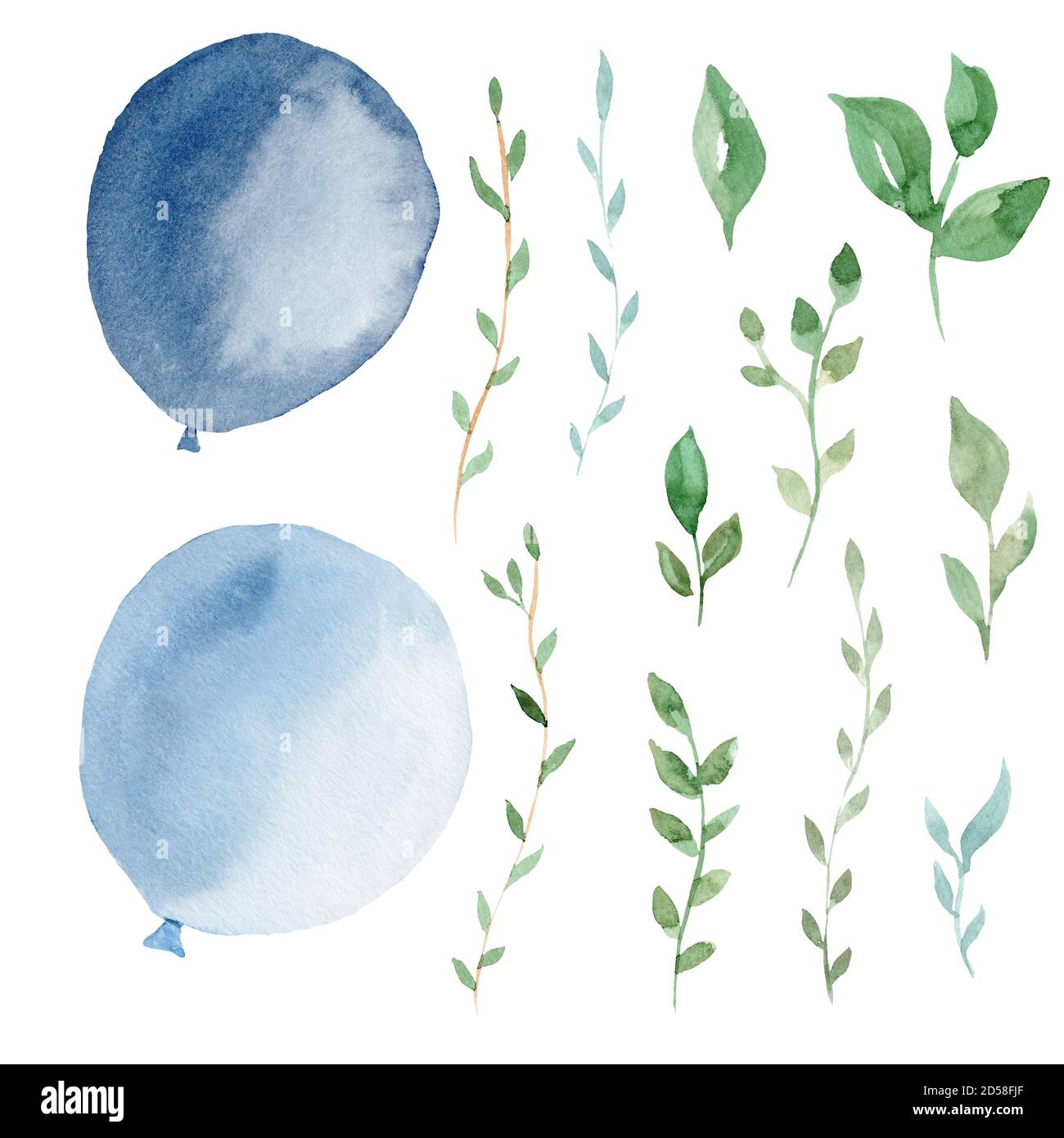 Jeu de ballons bleu clair et de feuilles de verdure à motif aquarelles dessinées à la main. Illustrations graphiques pour les invitations, les cartes de vœux, les fêtes et les bébés Banque D'Images