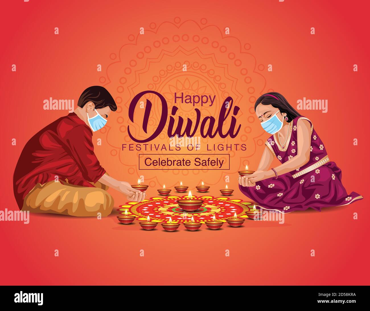 Happy Diwali salue illustration vectorielle. Illustration de la fabrication de la décoration des enfants Rangoli et diya. Concept de virus corona covid. Illustration de Vecteur