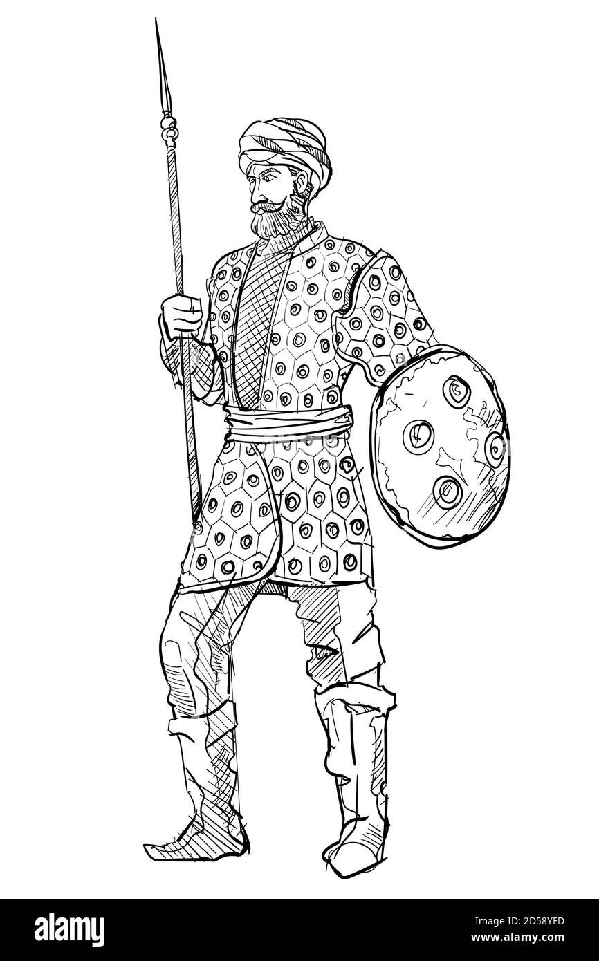 Le guerrier de chasse islamique en inde tient le bouclier de lance main dessin esquisse arrière-plan blanc isolé Illustration de Vecteur