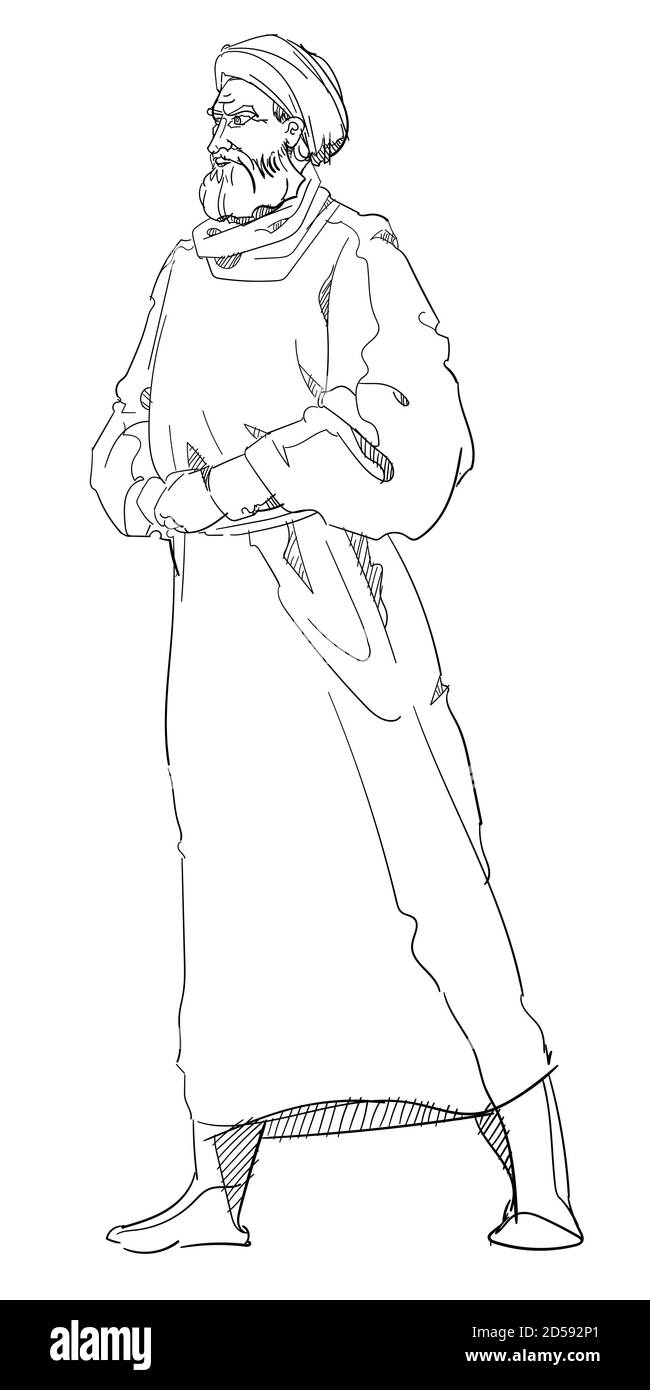 Personnage de l'érudit islamique, hommes, chef religieux debout, dessin à la main arrière-plan blanc isolé Illustration de Vecteur