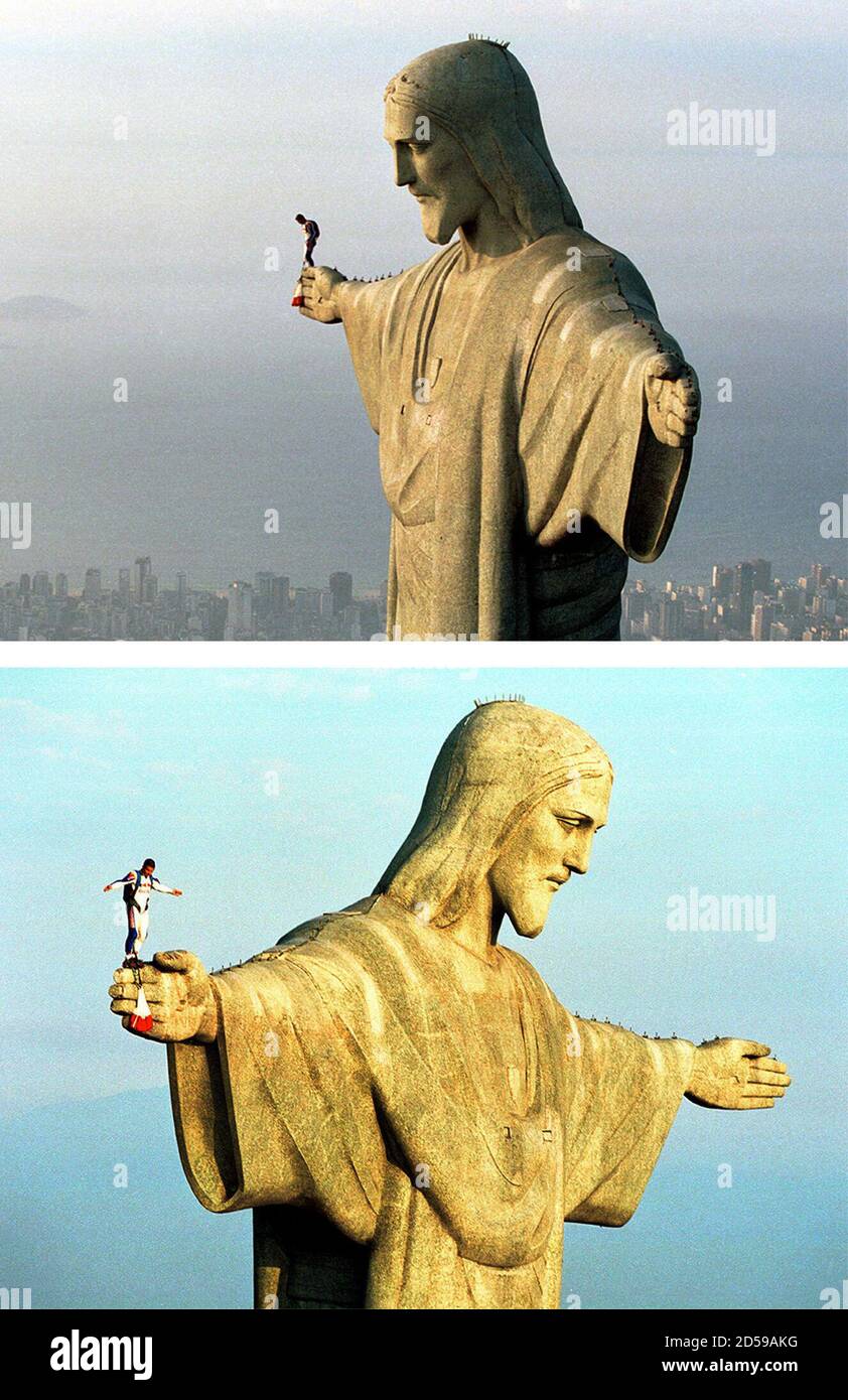 Two views of 30-year-old Austrian parachuter Felix Baumgartner, who goes by  the code name "Base 502," as he prepares to jump from the arm of the Christ  the Redeemer statue atop Corcovado