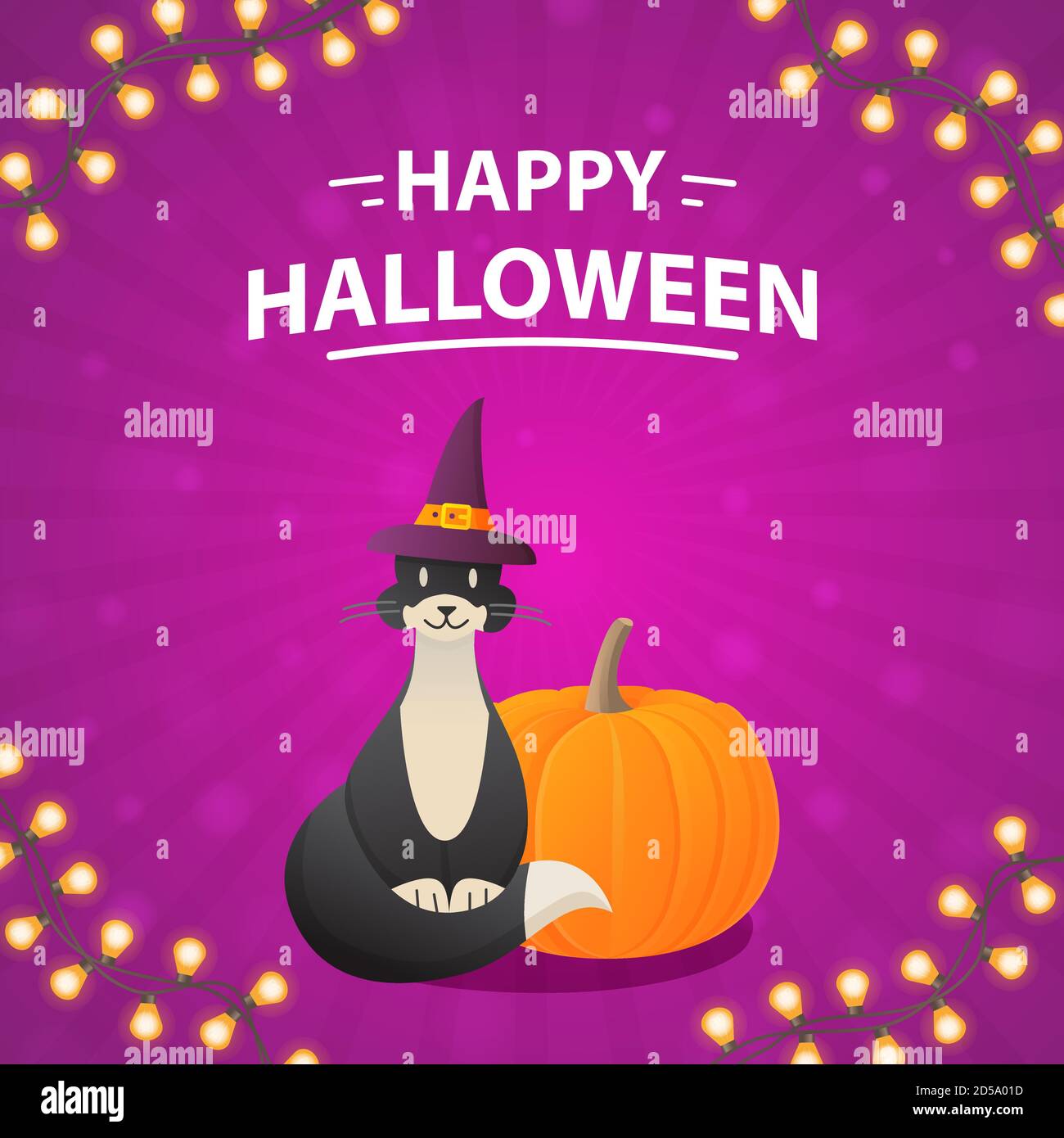 Chat noir avec citrouille et guirlande. Bannière des fêtes d'Halloween. Illustration de Vecteur