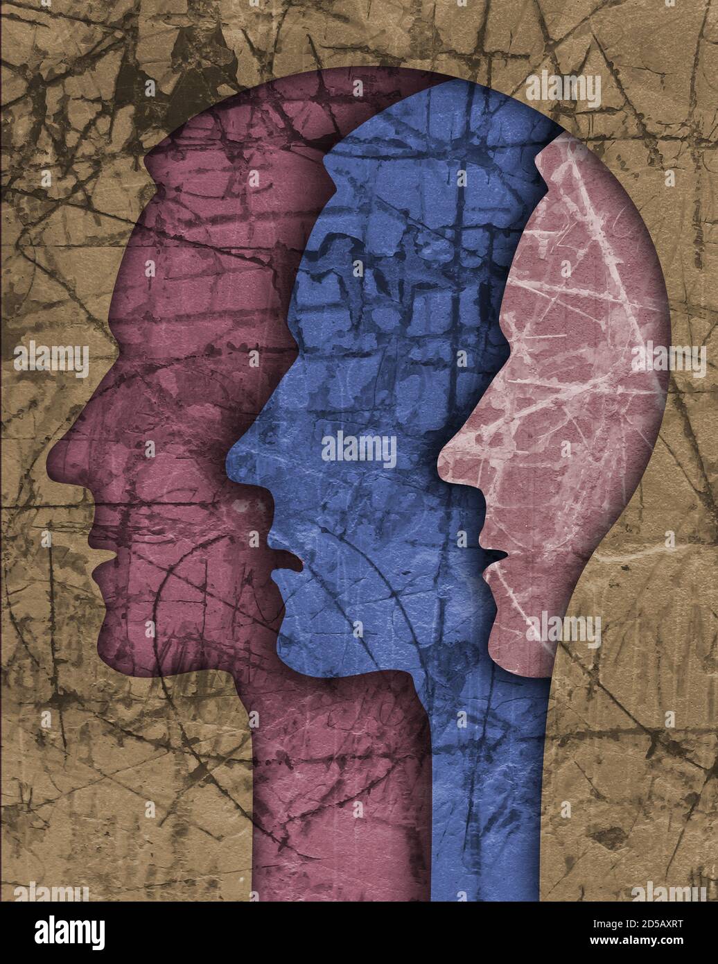 Silhouette de la tête masculine de schizophrénie. Illustration avec trois têtes mâles stylisées sur une texture grunge symbolisant la schizophrénie, dépression. Banque D'Images