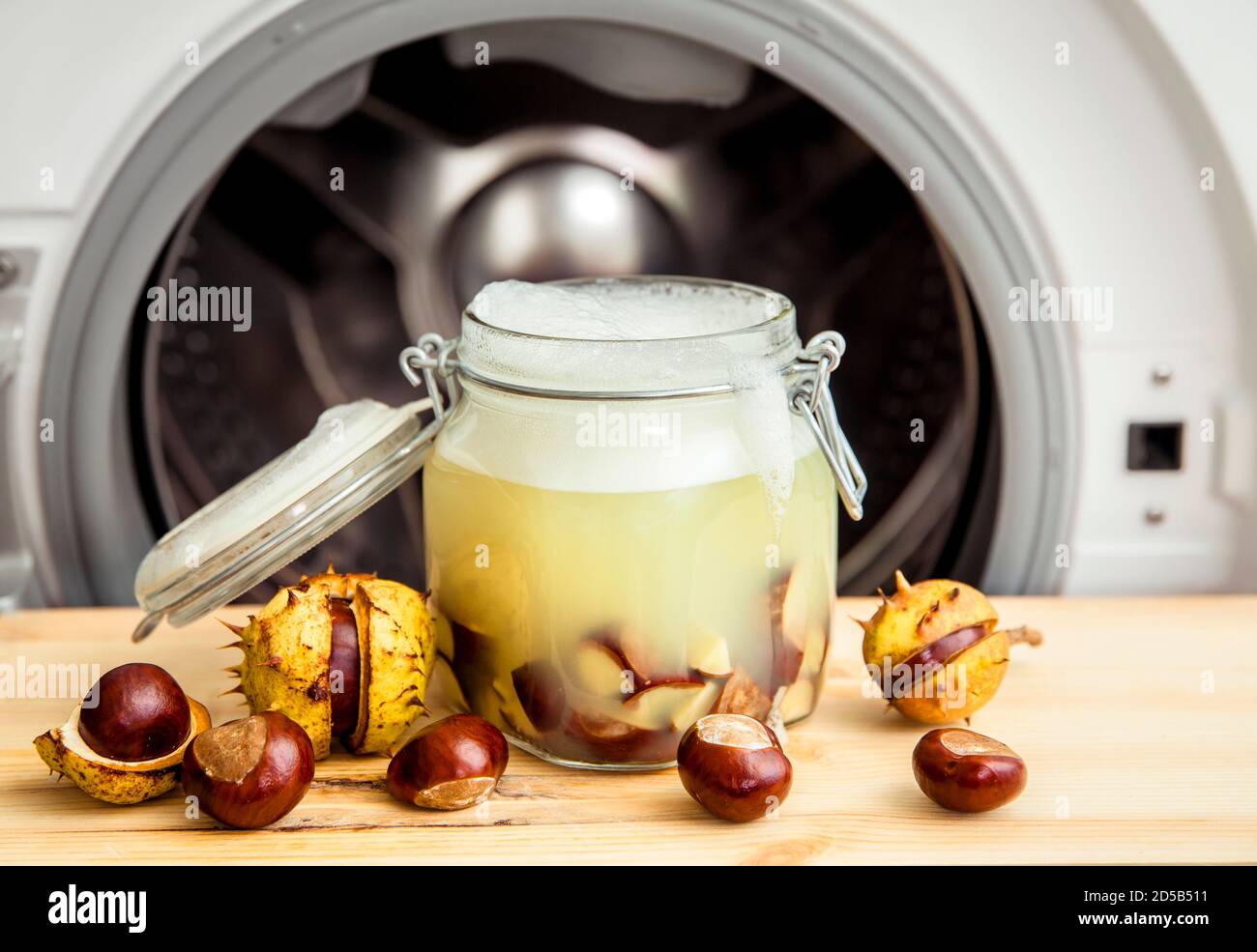 Faites du savon liquide naturel pour le linge. Le châtaignier de cheval, Aesculus, le rouge dans l'eau, sorcière contenant la saponine naturelle la matière de nettoyage. Pot contai Banque D'Images Faites du savon liquide naturel pour le linge. Le châtaignier de cheval, Aesculus, le rouge dans l'eau, sorcière contenant la saponine naturelle la matière de nettoyage. Pot contai Banque D'Images