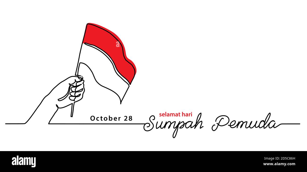Selamat hari Sumpah pemuda, Happy Indonesian Youth gage Day, simple bannière vectorielle, affiche, fond avec drapeau et main. Illustration d'une seule ligne Illustration de Vecteur