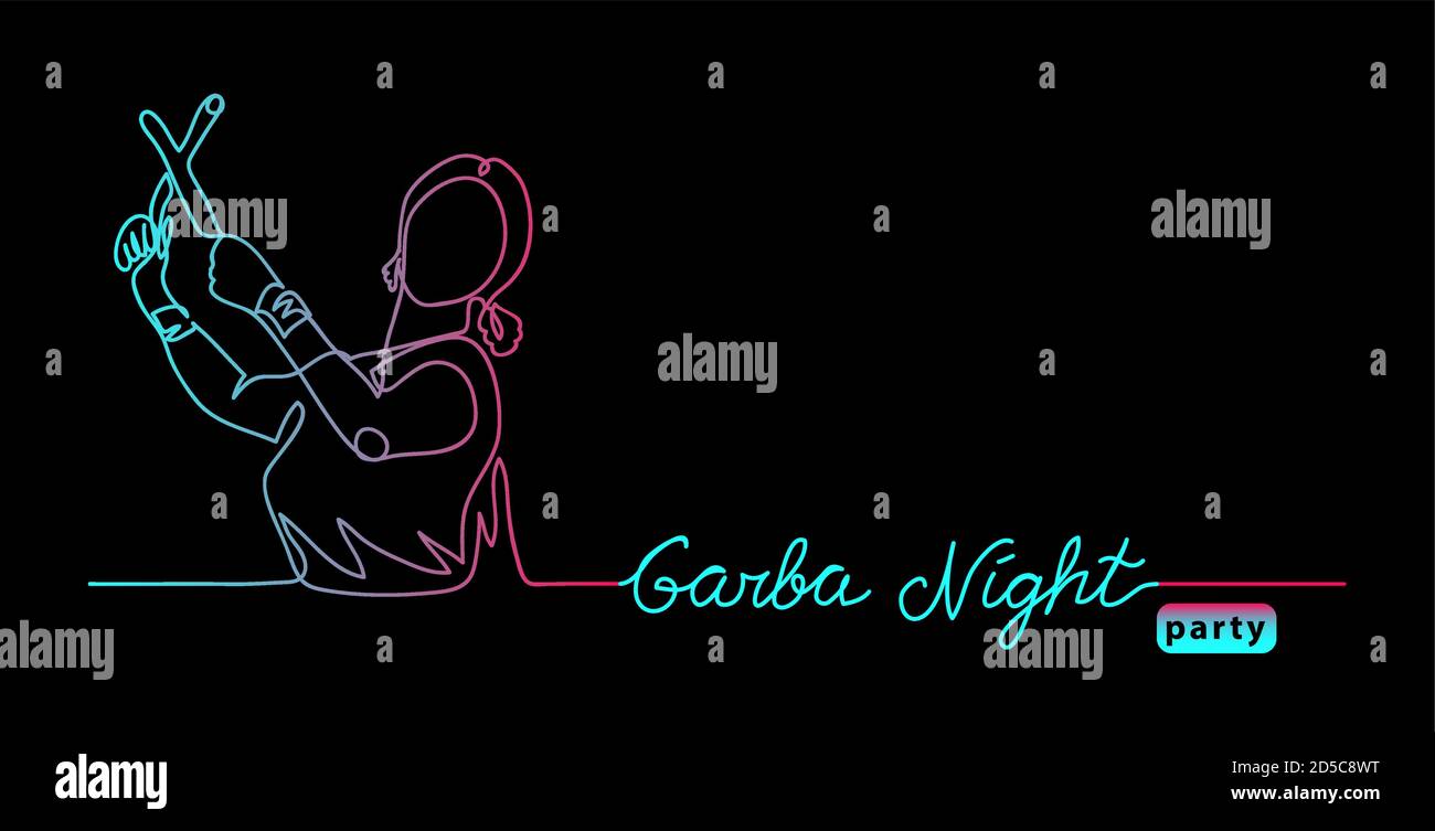 Fête de nuit Garba, bannière dandiya disco vecteur, affiche. Danseur de Navratri une ligne continue dessinant dans les couleurs tik tok sur fond noir. Garba Illustration de Vecteur