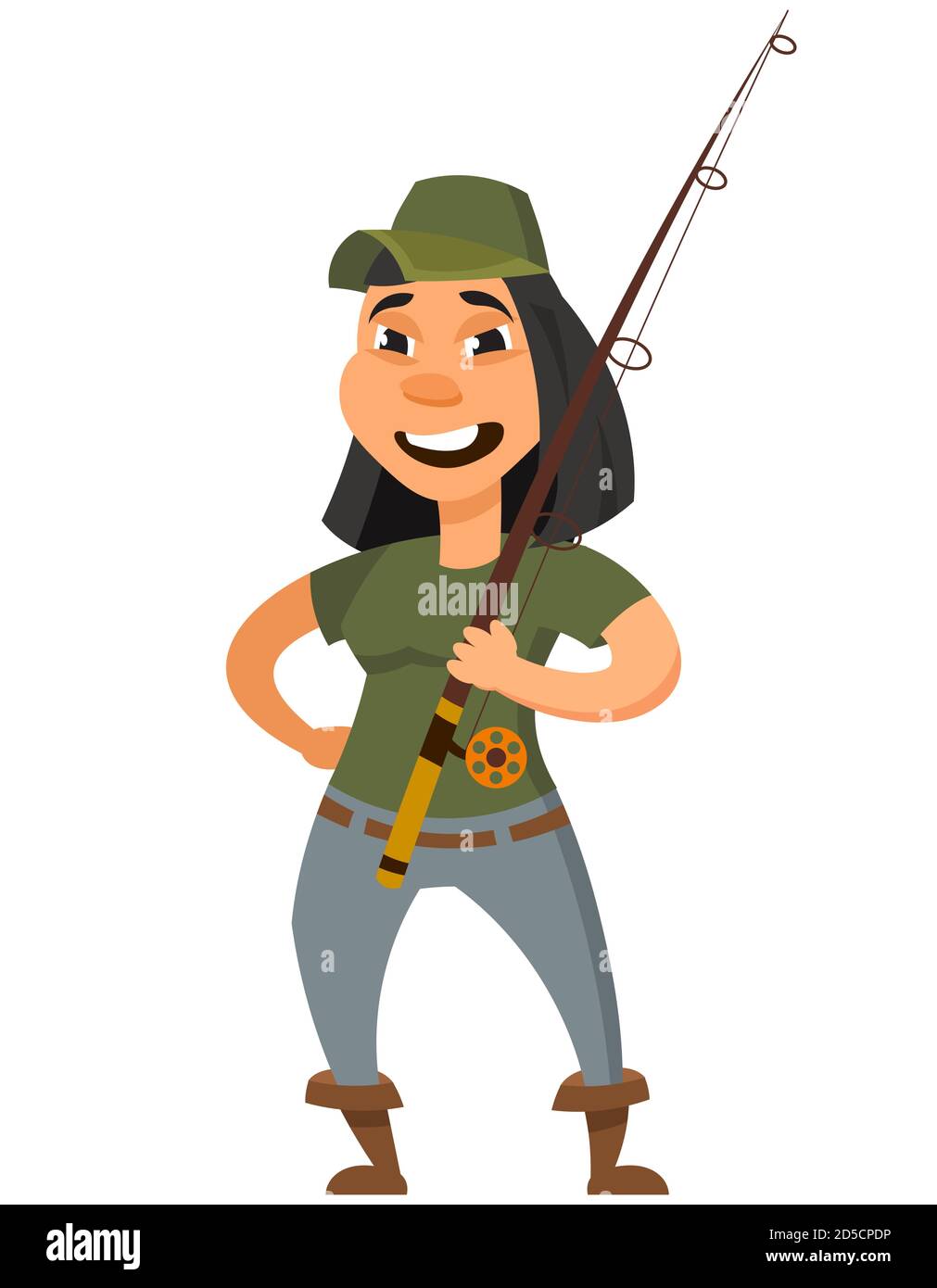 Femme avec canne à pêche. Personnage féminin de style dessin animé. Illustration de Vecteur