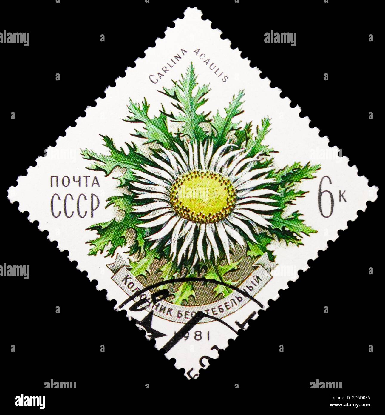 MOSCOU, RUSSIE - 28 SEPTEMBRE 2020 : le timbre-poste imprimé en Union soviétique montre Stemless Carline Thistle (Carlina acaulis), fleurs des Carpates Banque D'Images