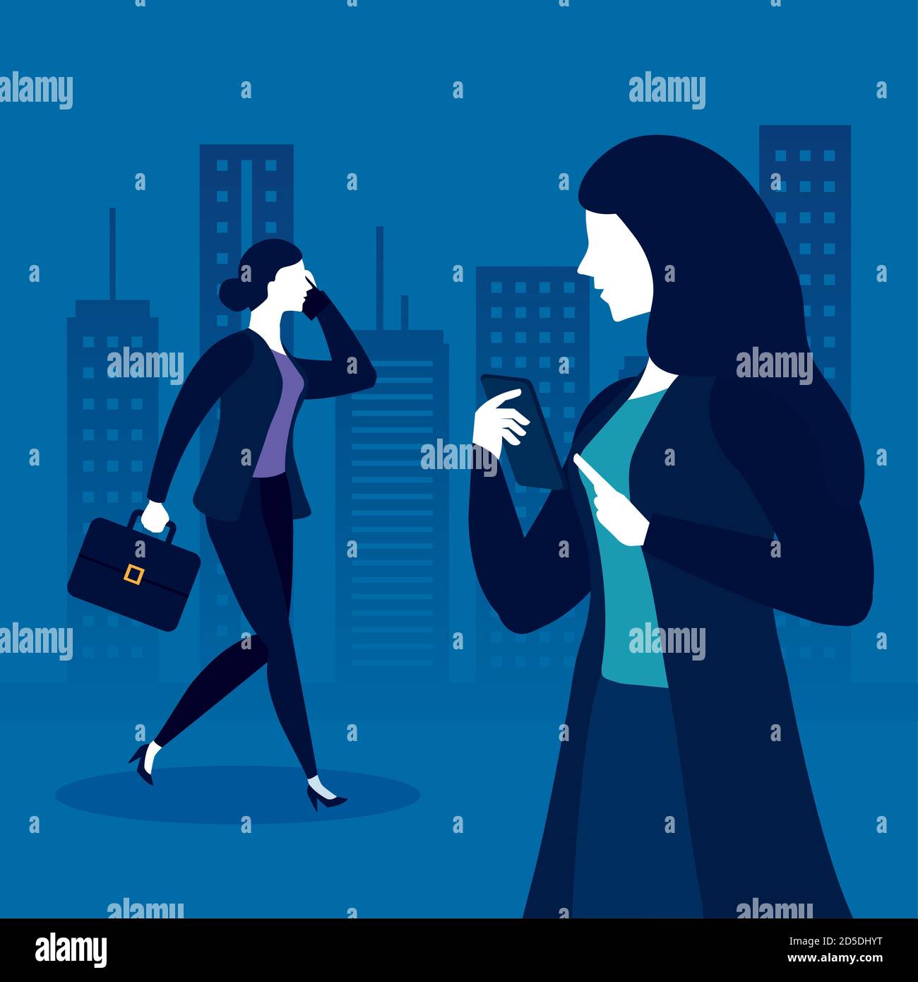 Femmes d'affaires avec valise et smartphone devant les bâtiments de la ville conception vectorielle Illustration de Vecteur