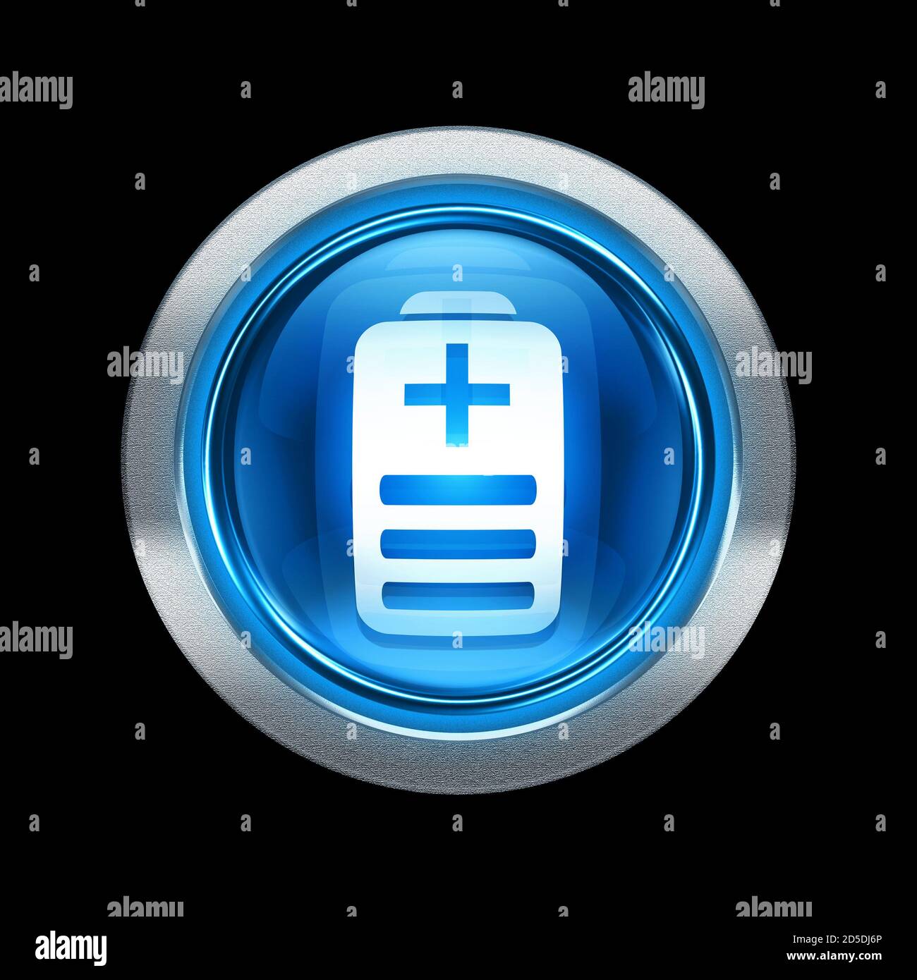 Icône de batterie bleue avec bordure métallique. Isolé sur fond noir. Banque D'Images