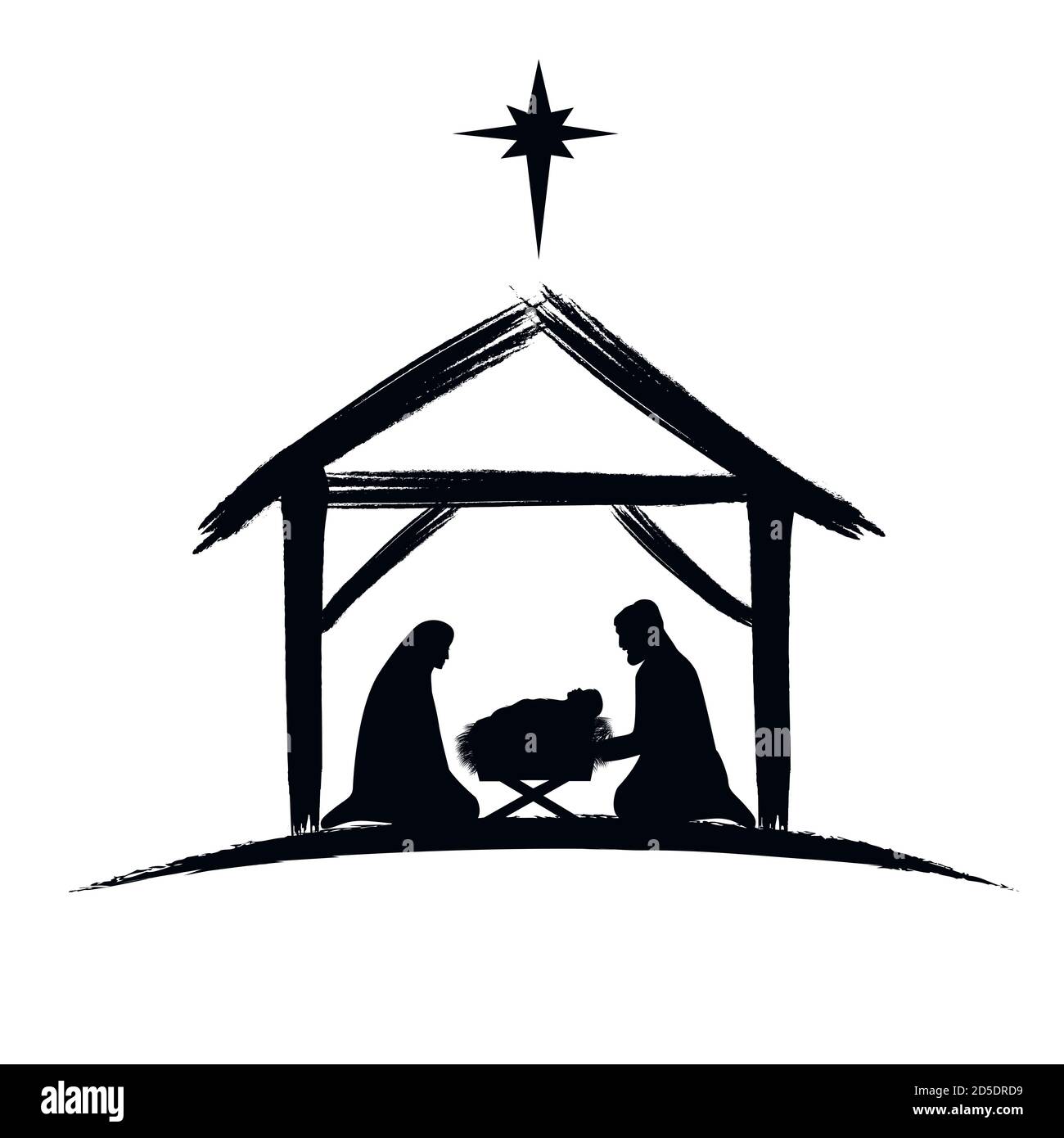 Nativité scène silhouette bannière design avec berceau de mangeur pour bébé Jésus, nuit de vacances Holly. Illustration vectorielle pour album de Noël Illustration de Vecteur